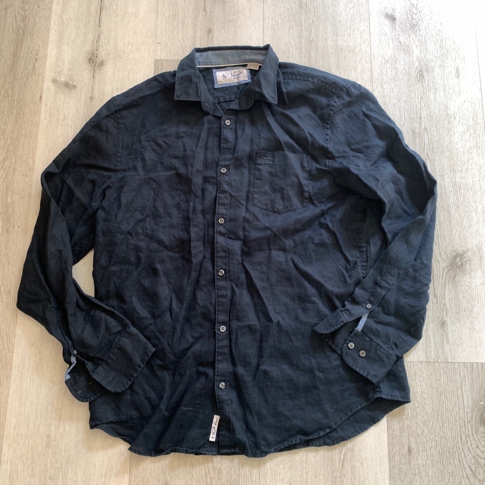 Original Penguin Mens XL 100% Linen Button Down Shirt Navy Blue Long Sleeve Logo